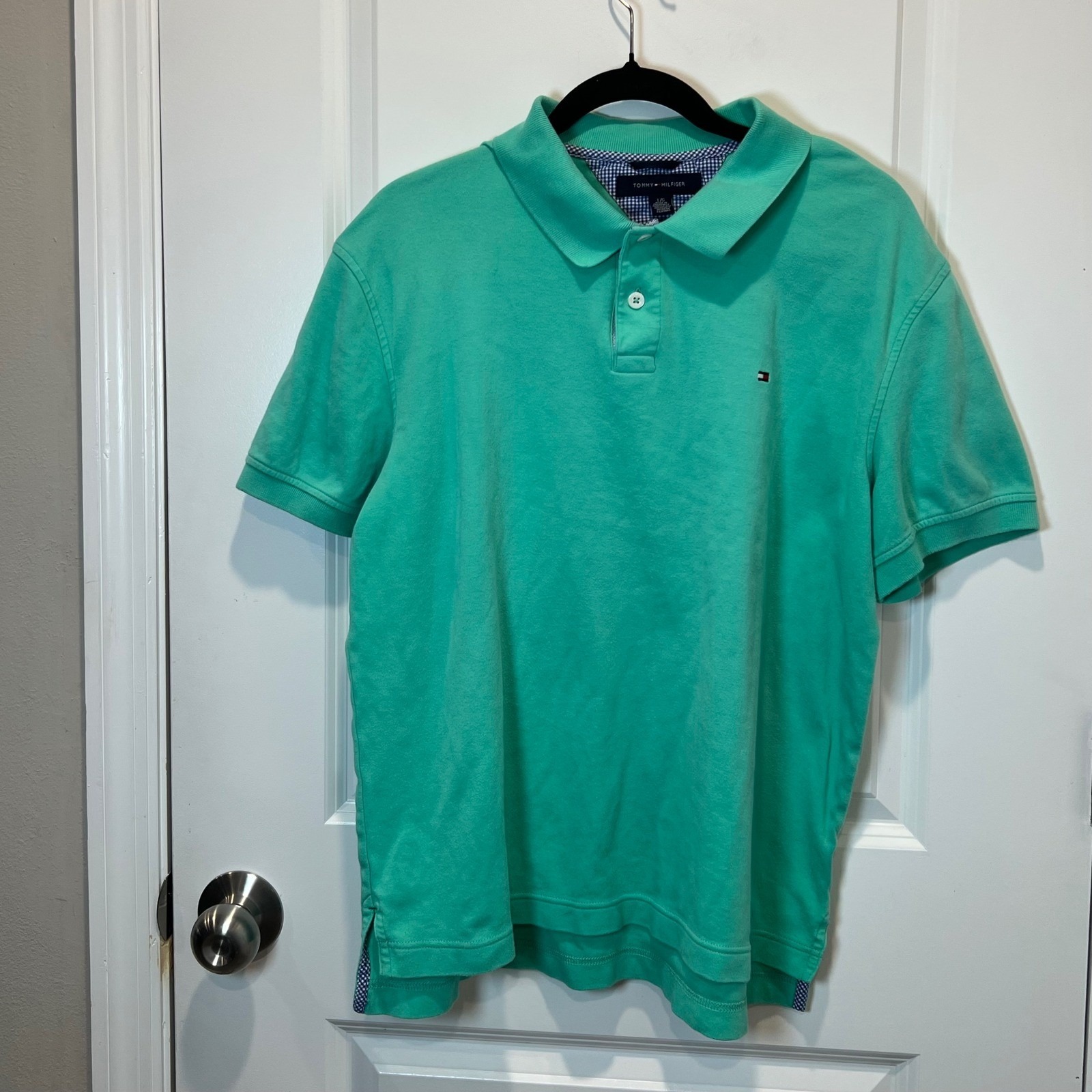 Tommy Hilfiger Mens Polo Shirt Gingham Trim Green Size Large